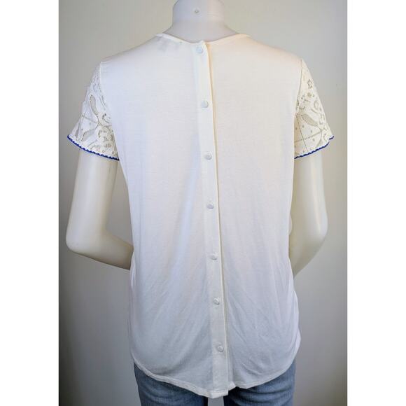Market & Spruce Lace Overlay Short Sleeve Top Medium White Blue Boho Embroidered - Picture 7 of 10